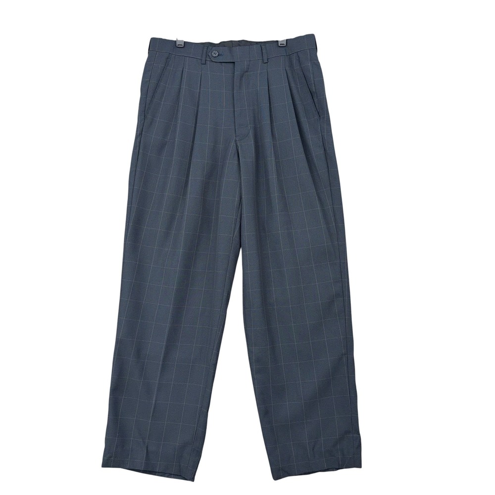 Zandello Le Collezioni Mens 31R Charcoal Gray Windowpane Pleated Dress Pants